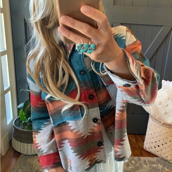 Aztec shacket women oversized jacket cardigan button front - Picture 2 of 7